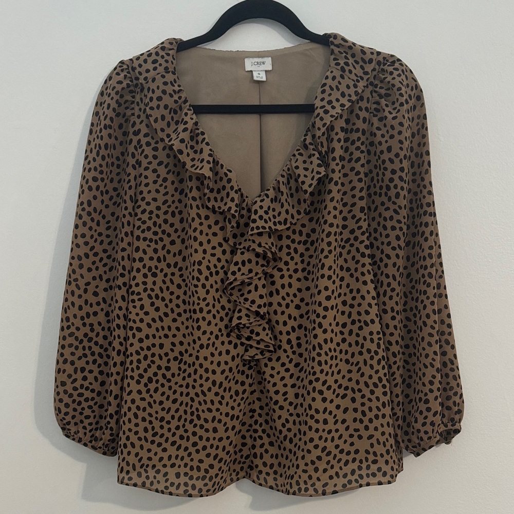 J. Crew V-neck Ruffle Blouse with 3/4 Length Sleeves